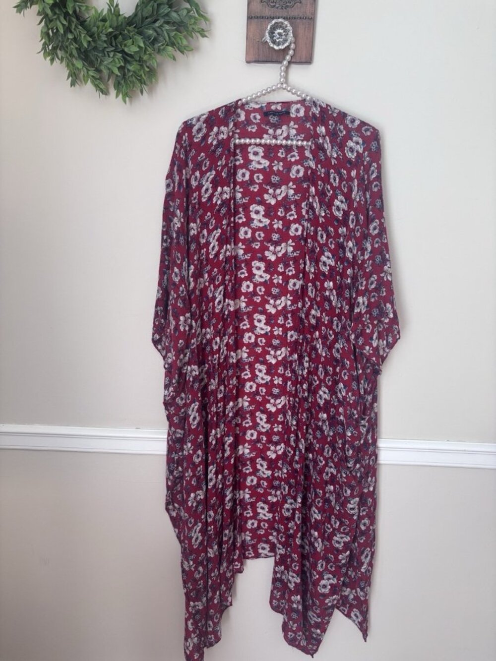 American Eagle Outfitters Red Floral Duster Kimono One Size Open Front